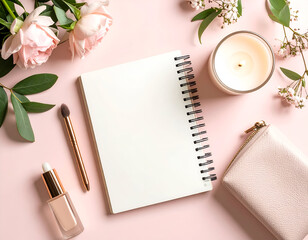 Feminine workspace flat lay with a blank notebook, makeup essentials, a lit candle, and fresh pink roses on a pastel background