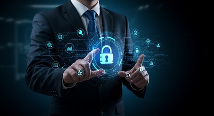 Businessman interacting with futuristic digital security interface