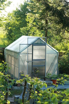 A greenhouse with a green roof and a white roof