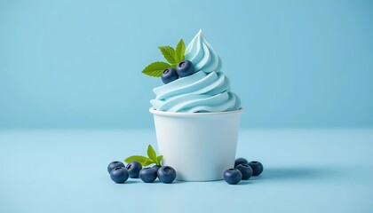 A minimalist dessert composition featuring a white paper cup filled with creamy, swirled soft-serve ice cream in a pastel light blue color