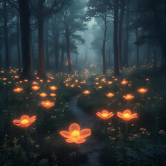 Glowing bioluminescent flowers in a magical forest at night, mysterious light, dark background, fantasy style, surreal beauty
