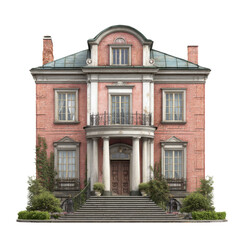 Fototapeta premium Elegant pink mansion with grand entrance, surrounded by lush greenery and steps leading to front door. This architectural beauty showcases classic design elements