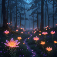 Glowing bioluminescent flowers in a magical forest at night, mysterious light, dark background, fantasy style, surreal beauty
