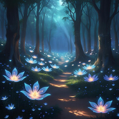 Glowing bioluminescent flowers in a magical forest at night, mysterious light, dark background, fantasy style, surreal beauty
