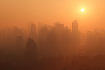 Naklejka premium Urban skyline enveloped in morning fog with silhouettes of buildings