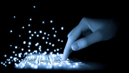 A hand hovers over a glowing keyboard, surrounded by light particles