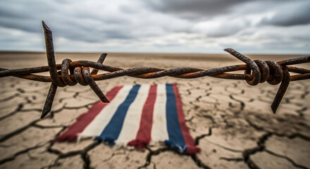 Rusty Barbed Wire in Focus with a Blurred Striped Flag on Cracked Desert Ground