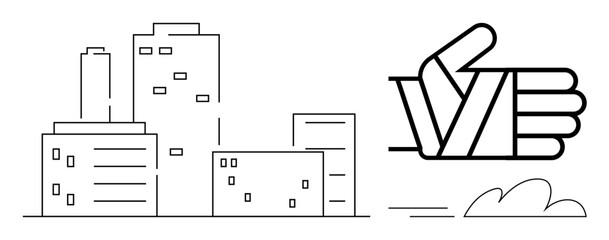 Urban buildings and a hand with a bandage giving a thumbs-up. Ideal for recovery, resilience, urban growth, teamwork, encouragement, strength, rehabilitation, simple flat metaphor
