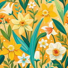 Vibrant spring floral pattern featuring daffodils and other blossoms on a sunny orange background