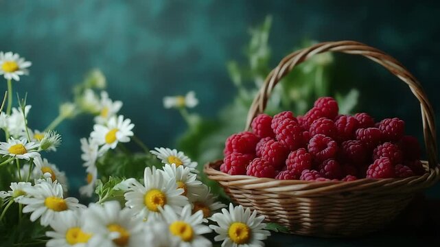 A wicker basket overflowing with fresh, ripe raspberries is isolated on a white background
