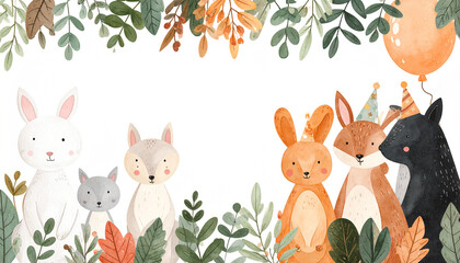 Naklejka premium Whimsical Animal Gathering: A charming watercolor illustration featuring an adorable group of forest creatures in a festive celebration.