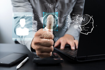 Fingerprint biometric scan with AI interface for identity verification and cybersecurity access control system