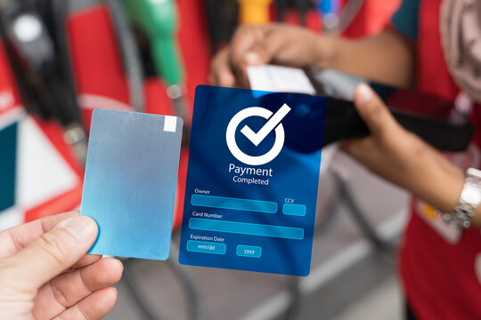 Contactless payment with credit card at gas station using modern digital interface and secure transaction