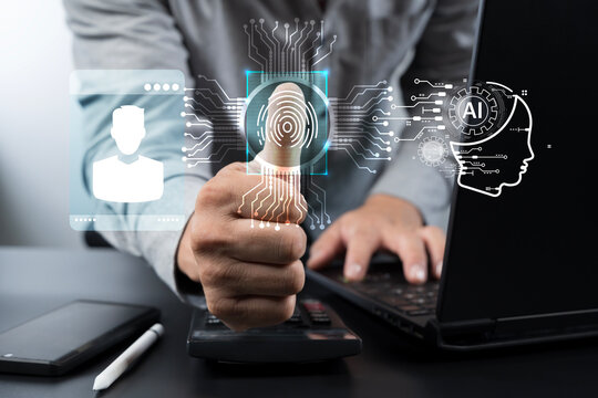 Fingerprint biometric scan with AI interface for identity verification and cybersecurity access control system