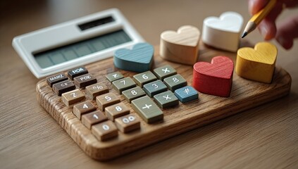 Wooden calculator with colorful heart-shaped objects