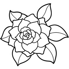 Simple black and white outline drawing of a blooming rose flower with green leaves