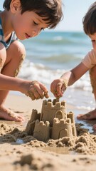 Two children building a sandcastle on the beach near the ocean
