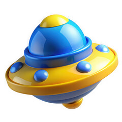 Fototapeta premium A bright yellow and blue spinning top toy shaped like a classic flying saucer isolated on transparent background