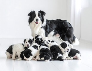A beautiful Border Collie mom stands proudly with her adorable litter of puppies