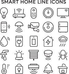 Smart home and IoT line icons for automation and control systems, including lights, routers, security, and energy symbols.
