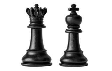 Two black chess pieces, a queen and king, stand facing forward