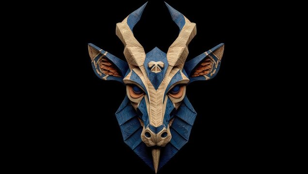 Geometric stylized deer mask, blue & beige - Powered by Adobe