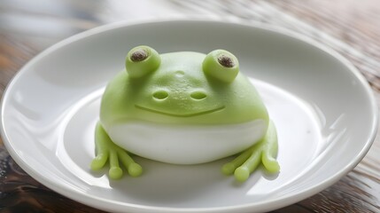 Cute green frog-shaped dessert on a white plate, surrounded by wooden table texture, evoking a playful atmosphere