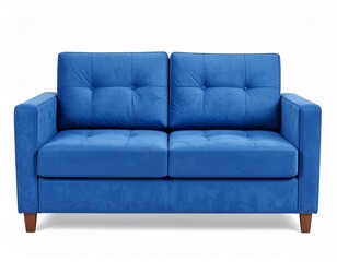 Modern Blue Three-Seater Sofa with Cushions Isolated on White Background