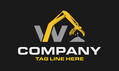 Letter W Arm Excavator Rake, Folding Rake logo template vector. Heavy equipment logo vector for construction company.