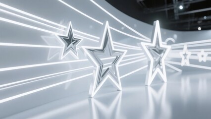 Three-dimensional stars illuminated by bright, converging light beams in a modern setting