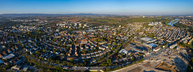Aerial panorama view of the city Mainz-Kostheim
 in Germany. on a sunny afternoon in fall.