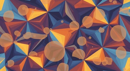Abstract kaleidoscope pattern with triangles and circles in blue, orange, and purple hues. Concept for artistic backdrop, modern wallpaper, and geometric presentation