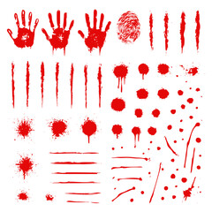 Red grunge handprints, fingerprint traces, and blood splatter elements isolated on white background, ideal for horror, forensic, and Halloween-themed designs