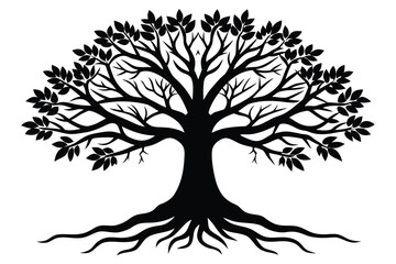 Black Silhouette of a Mature Tree with Leaves, Branches, and Roots on White Background
