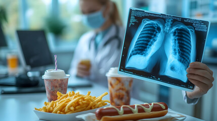 Doctor analyzing X-ray of lungs while surrounded by unhealthy food items in a clinical setting, health risks of processed food and lung cancer