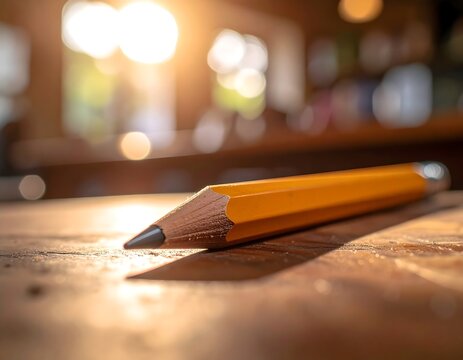 A sharp yellow pencil on a textured wooden surface bathed in warm sunlight