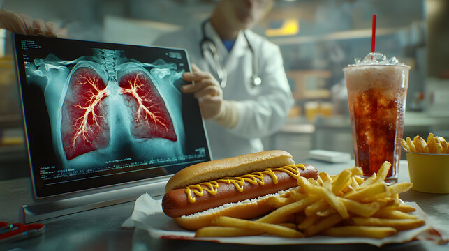 Doctor analyzing lung X-ray while showcasing fast food meal in a busy diner environment, health risks of processed food and lung cancer - Powered by Adobe