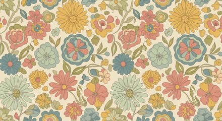 Retro floral pattern featuring a variety of colorful flowers and leaves on a beige background, concept for textile design, wallpaper pattern, and vintage-themed backgrounds