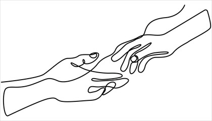 two hands reaching out towards each other continuous one line drawing, Single line drawing of romantic or helping concept.  Concept of love, hope, helping or support. Vector illustration.
