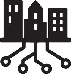 Silhouette vector of a smart city with network lines, symbolizing connectivity, urban technology, and digital infrastructure.