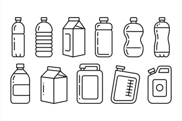 Bottle and Container Icons Set &ndash; Line Art Vector Collection of Plastic Bottles, Cartons, and Liquid Packaging for Food, Beverage, and Household Products