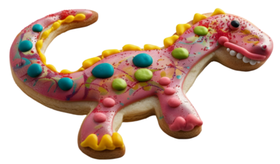Colorful dinosaur-shaped cookie decorated with icing and sprinkles, set against a plain background