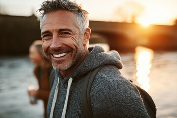 Fototapeta premium Joyful man smiling by the river sunset lifestyle portrait serene environment warm viewpoint happiness concept