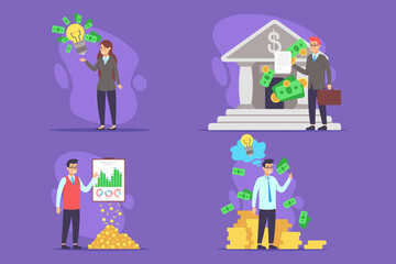 Collection of various business themes, including investment strategies, banking transactions, financial growth, and research analytics, all presented in modern and colorful style