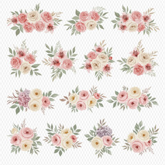 A beautiful collection of watercolor floral arrangements featuring pink and cream roses with green leaves.