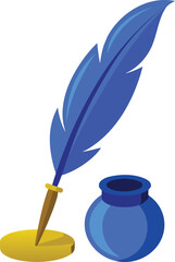 Vibrant blue quill pen and wooden inkwell illustration