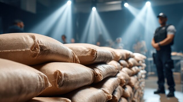 Stacks of burlap sacks in a dimly lit room, a security guard stands watch in the background.