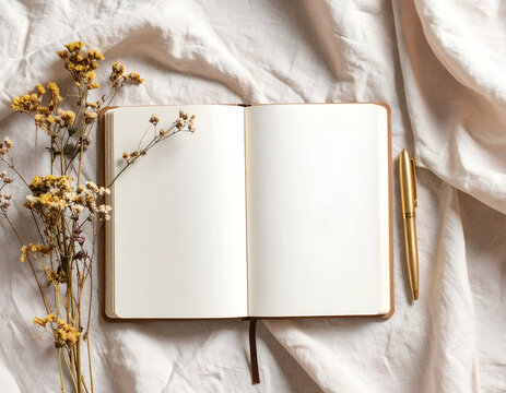 Aesthetic flat lay of an open bullet journal with blank pages for notes, a gold pen, and dried wildflowers on blush-toned crumpled fabric.