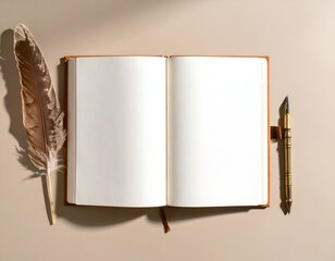 A blank open journal with a feather quill and ink pen on a taupe surface, perfect for writing or sketching