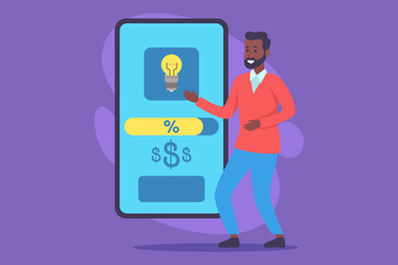 Man standing beside large mobile screen featuring light bulb symbol and financial indicators. Man gesturing enthusiastically, discussing savings and financial literacy